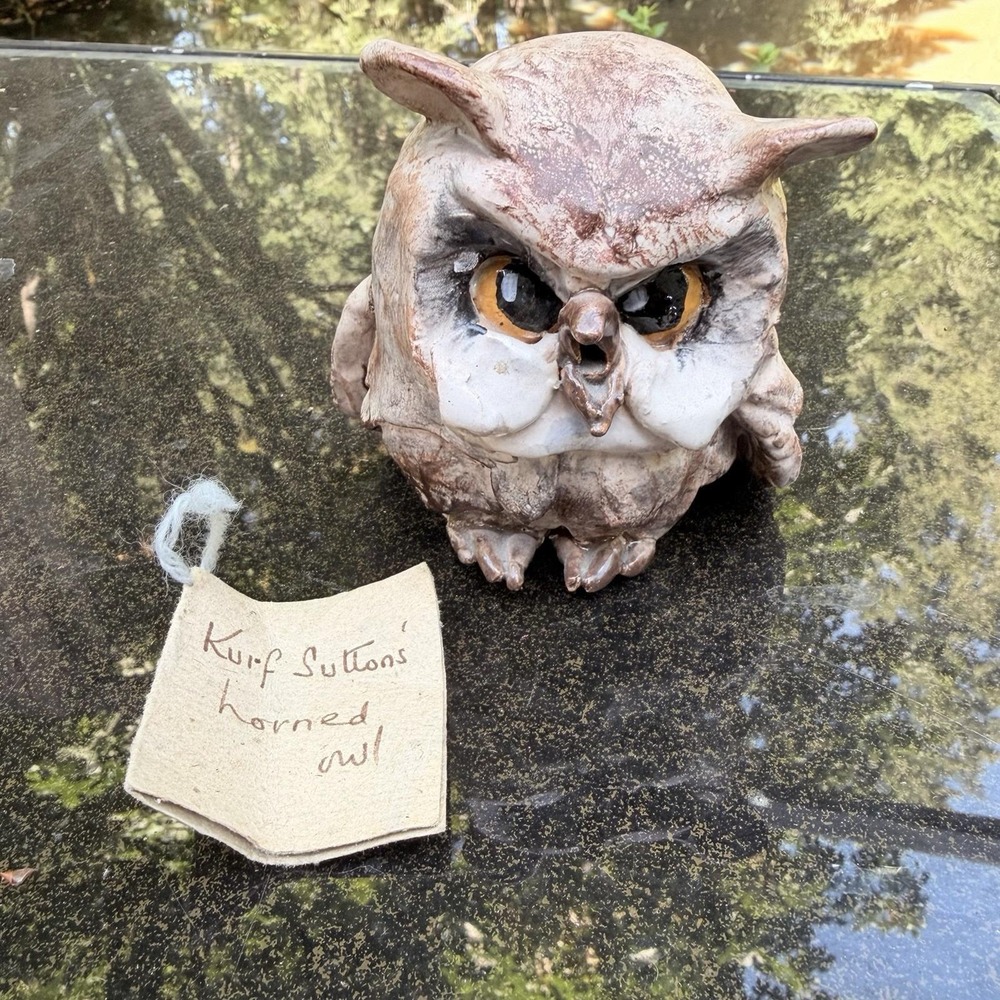 Studio Art Pottery Horned Owl Figurine Signed Tag Kurf Sutton British Columbia
